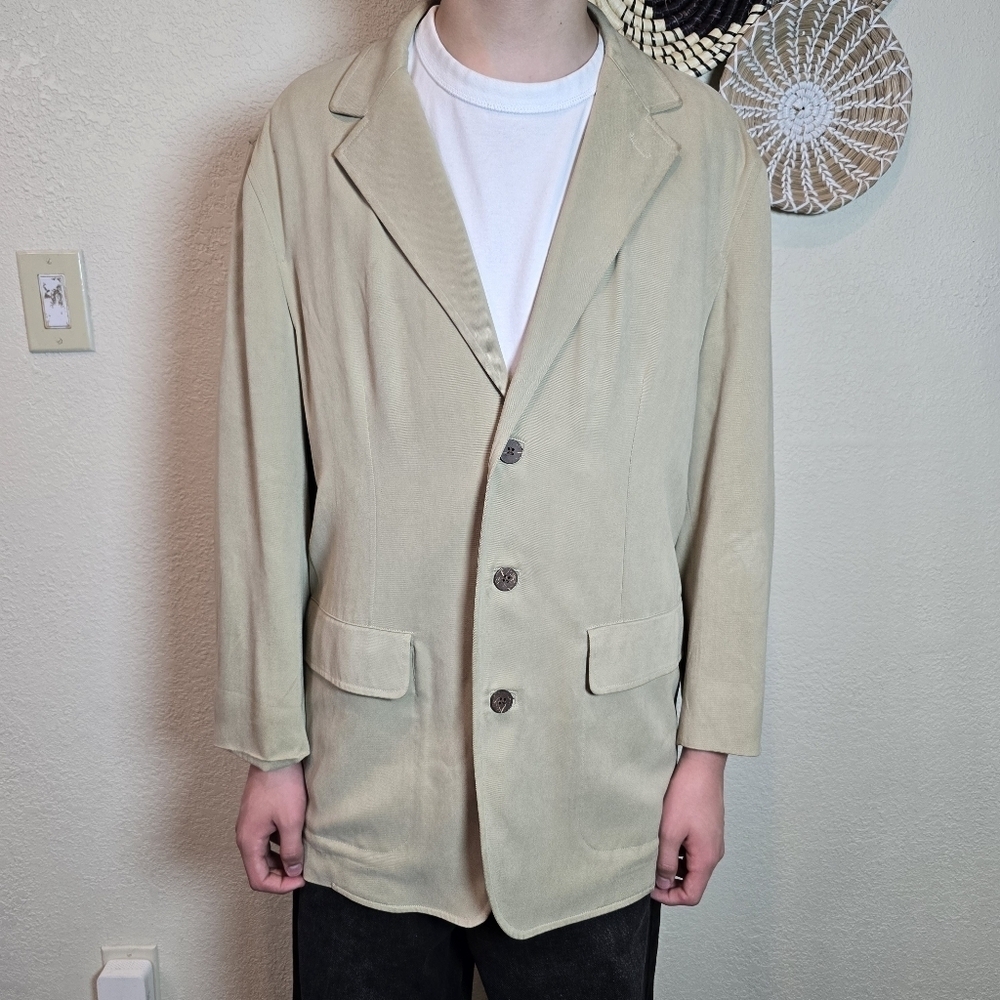 Tommy Bahama  Beige Mens Three Button Blazer Jacket 100% Silk Size Large